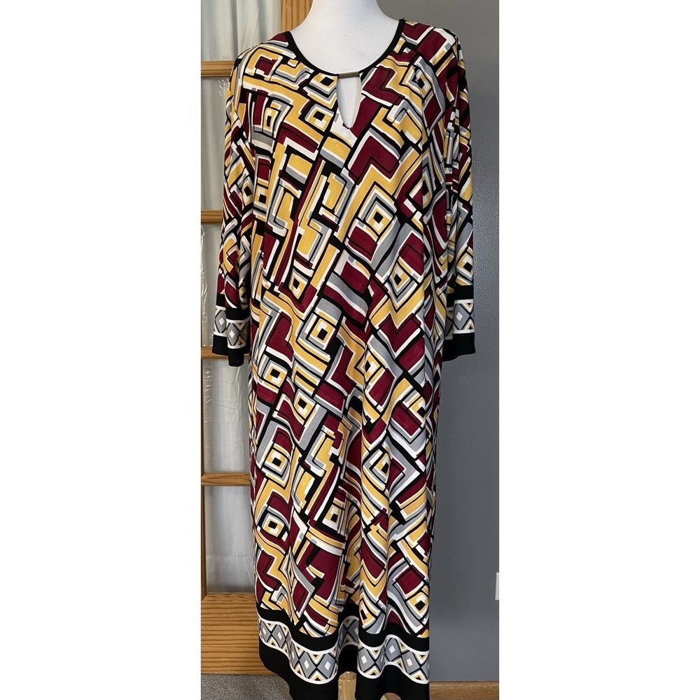 Vtg Ashley Stewart Geometric Dress 26/28 Gold Burgundy Keyhole Neck Boho Party